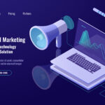 Digital marketing and promotion, online advertising, loudspeaker with laptop and magnifying glass, data researching and processing, dark neon vector