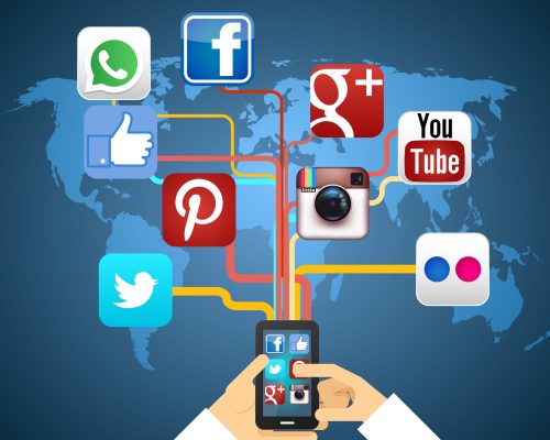 Social networks in smartphone on map vector illustration